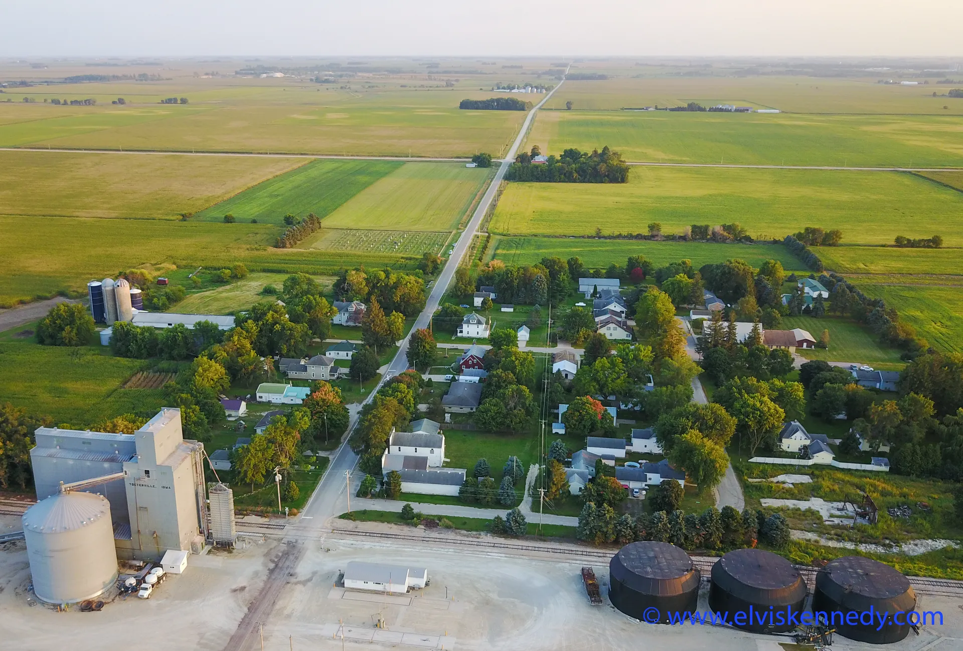 Aerial view of Toeterville and surrounding farmland in Iowa.