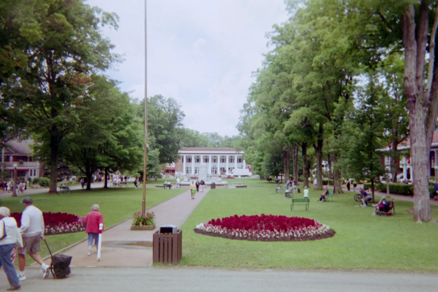 Landscaped park lawns and flower beds at the Chautauqua Institution, New York.