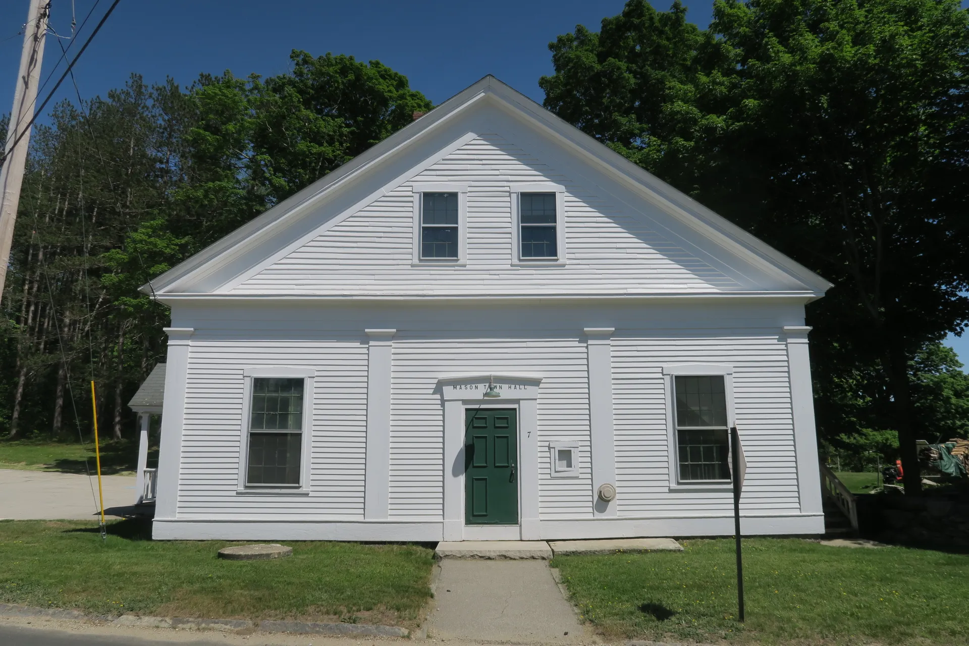 Historic white Mason Town Hall in Mason, New Hampshire.