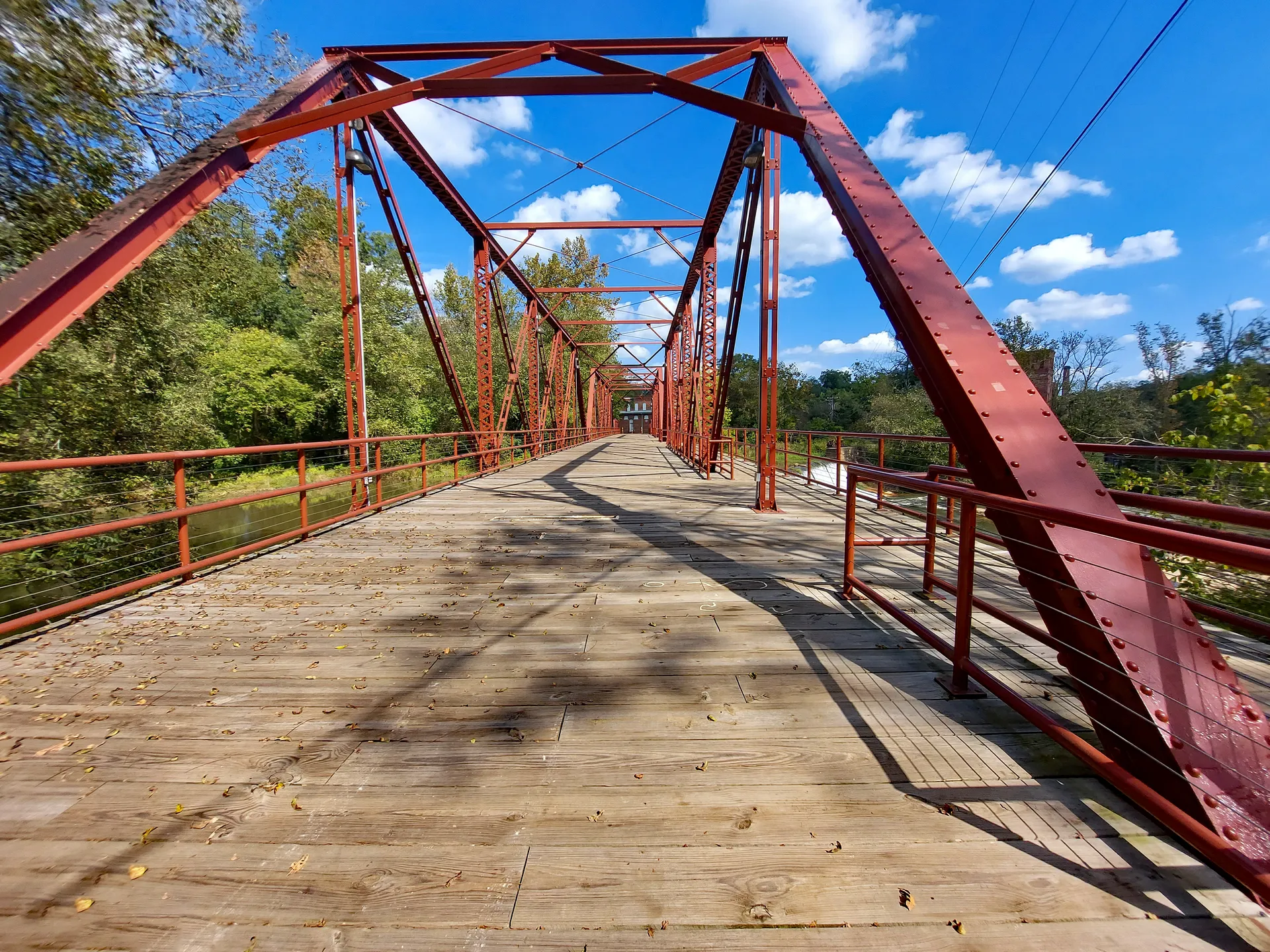 Historic red truss bridge in Glendale, South Carolina.
