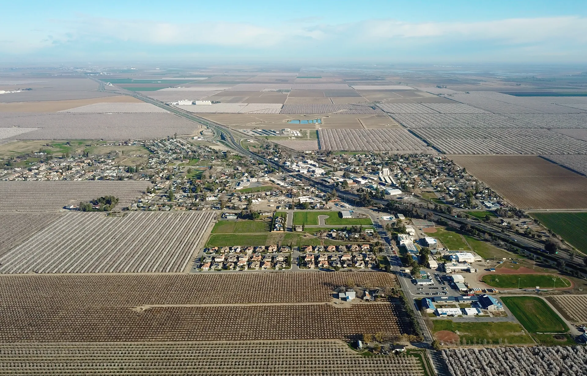 Aerial view of Arbuckle, California, and its surrounding farmland.