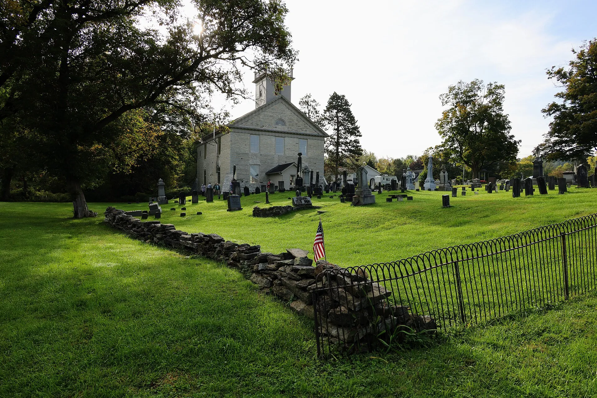 Historic stone Fort Herkimer Church and churchyard in East Herkimer, New York.