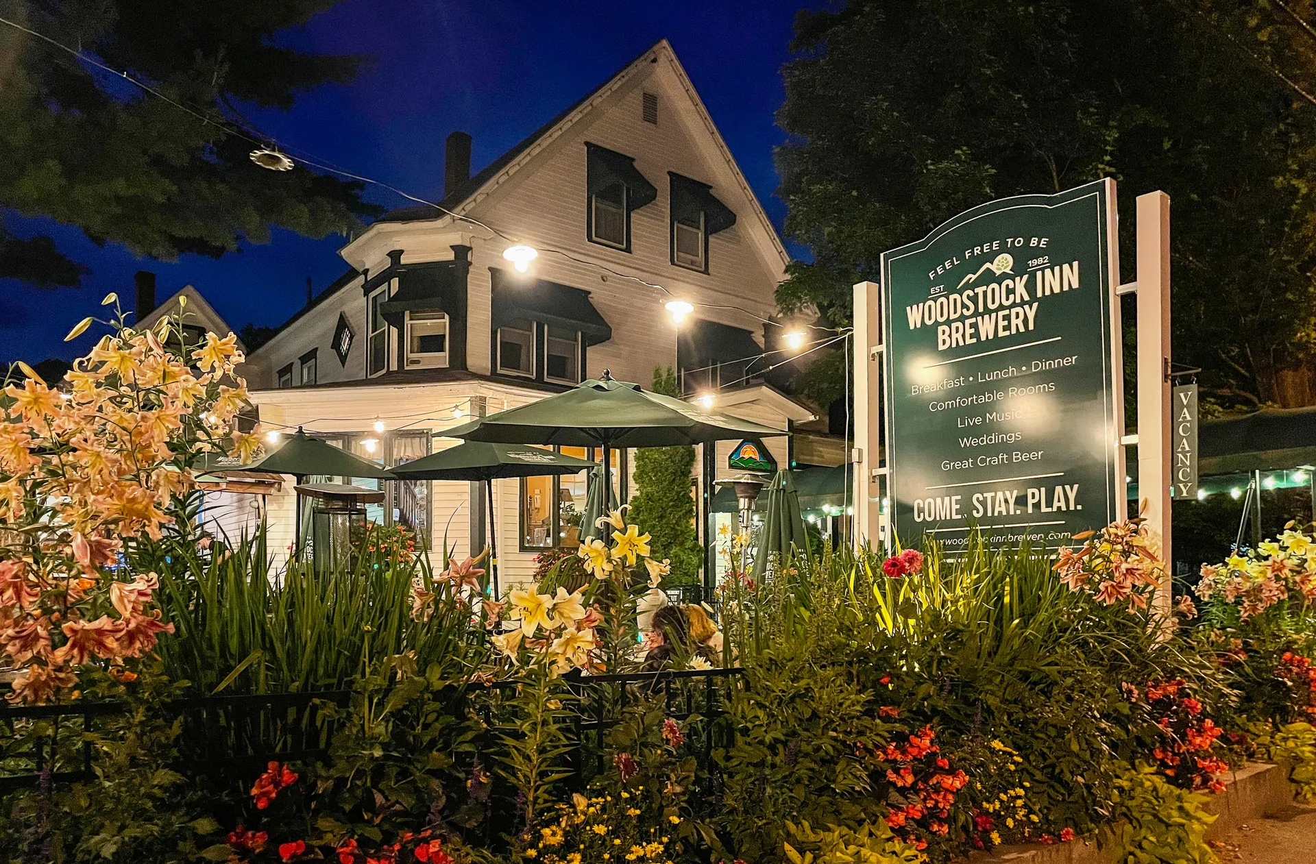 Woodstock Inn Brewery at dusk in North Woodstock, New Hampshire.