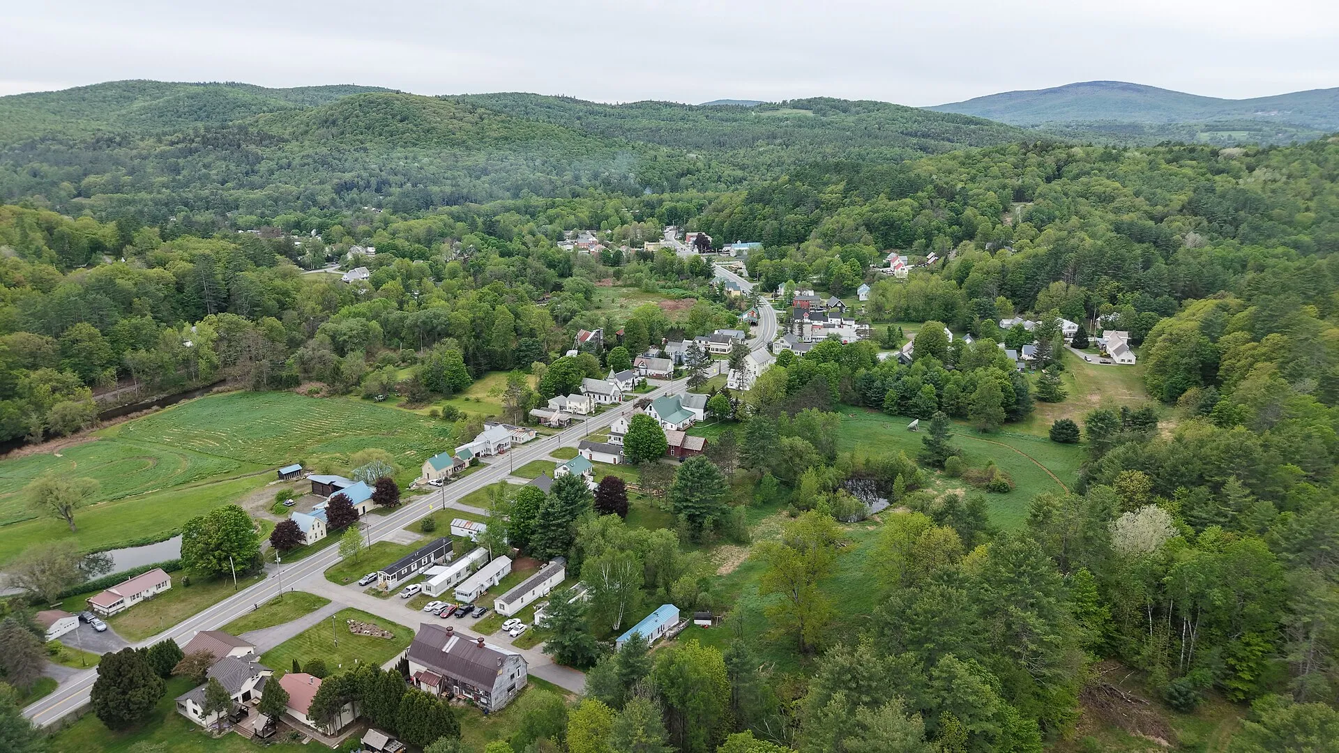Aerial view of Proctorsville and the Black River valley, Vermont.
