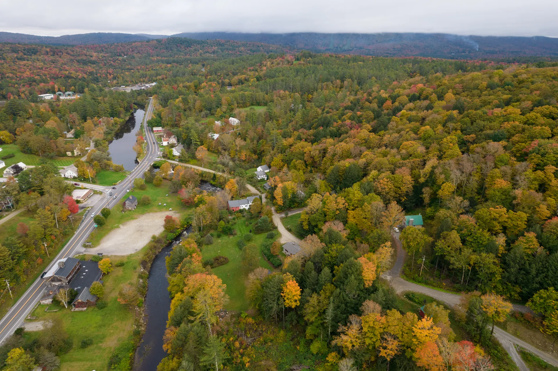 Aerial view of Londonderry in fall foliage, Vermont.