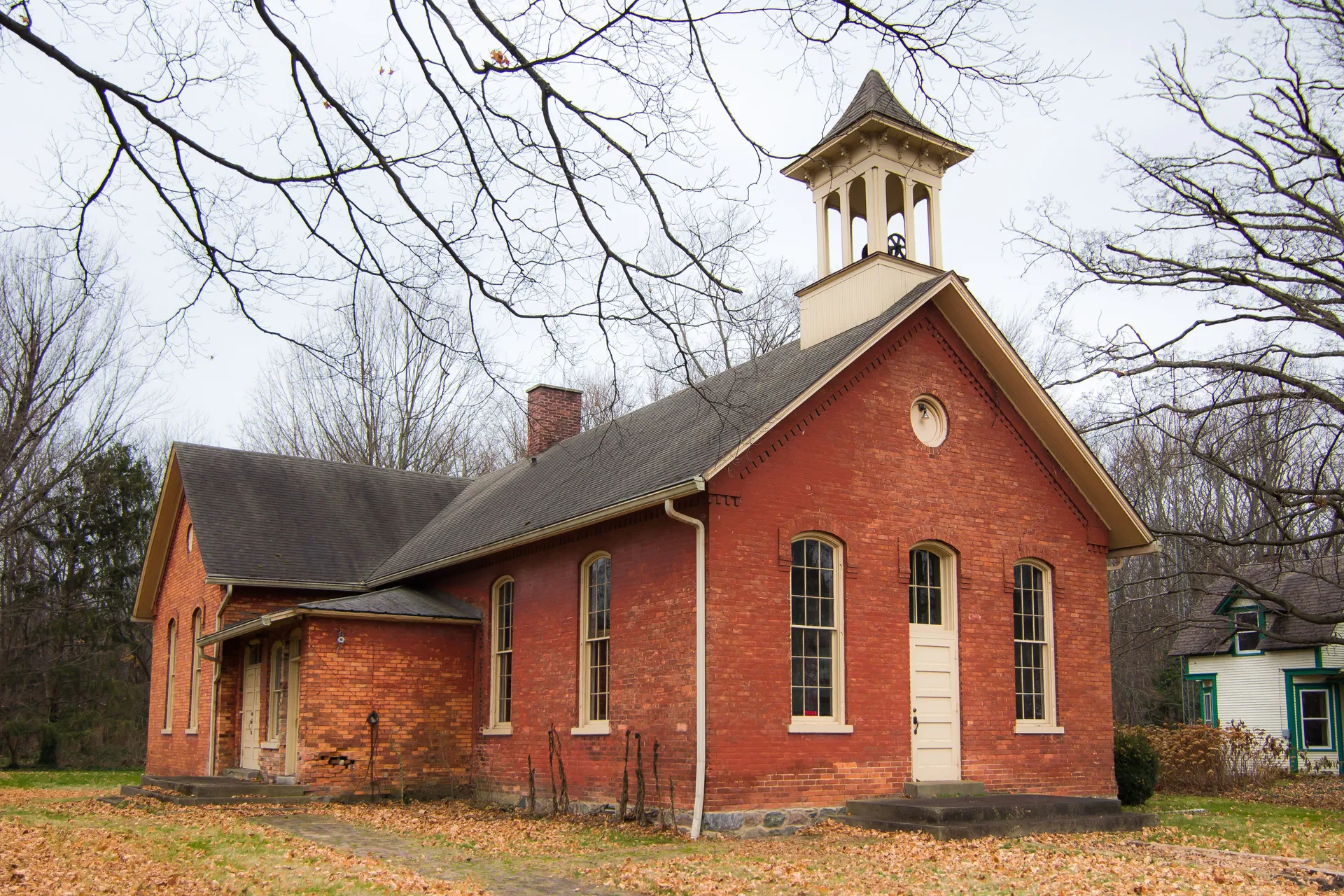 Historic red brick Hinchman School in Berrien Springs, Michigan.