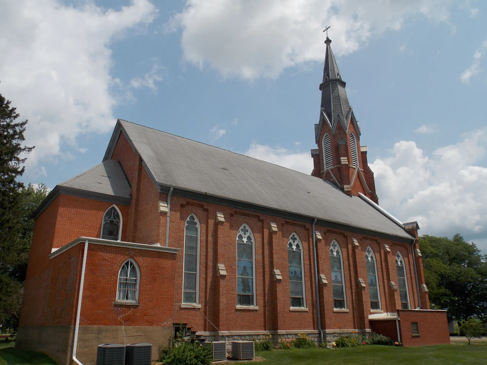 Saint Anne's Church red brick steeple in Welton, Iowa.