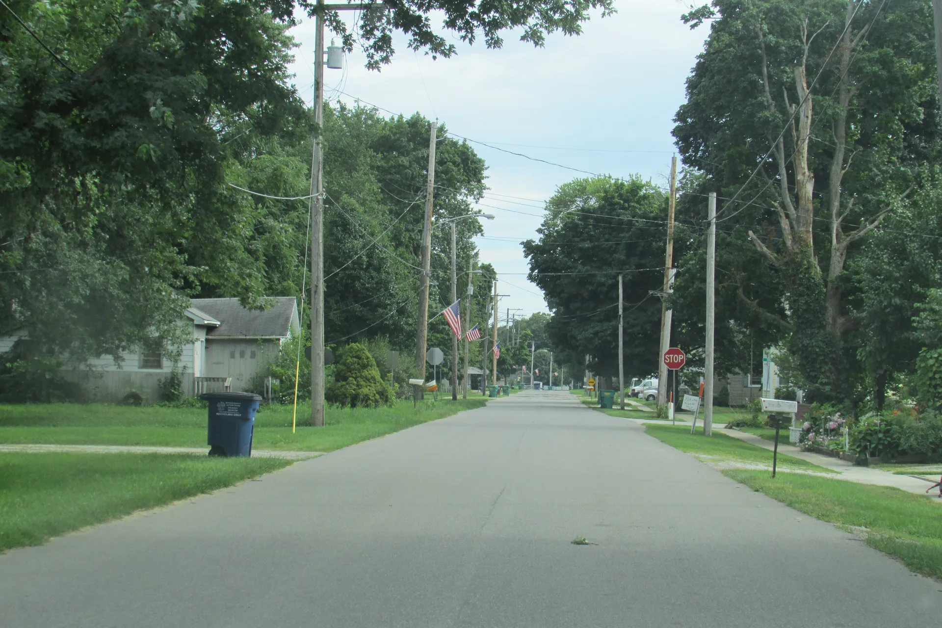 A long tree-lined residential road stretches through Kingsbury, with utility poles and an American flag along the left side.