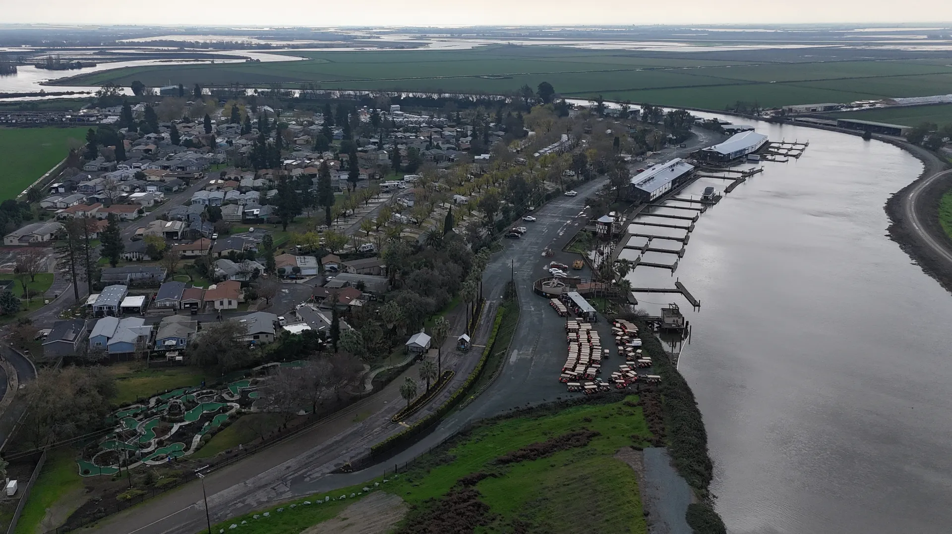 Drone view of Terminous homes and marinas along the Delta waterways in California.
