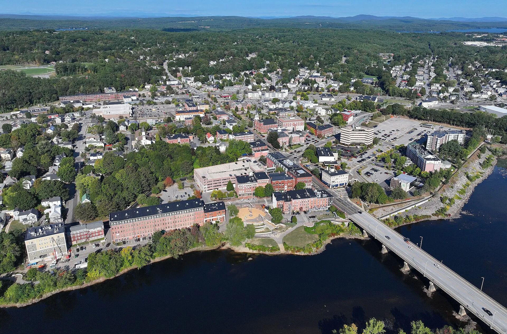 Aerial view of Auburn and the Androscoggin River in Maine.