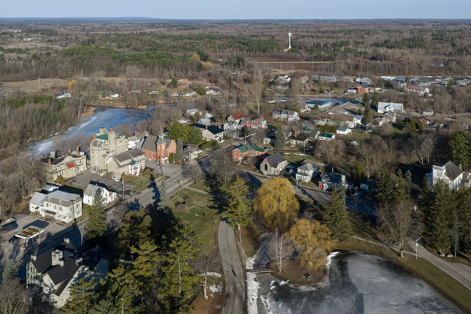 Aerial view of homes and autumn trees in Chazy, New York.