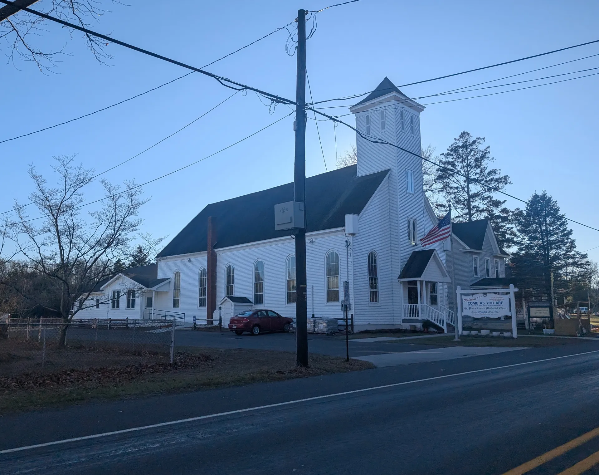 St. Paul's United Methodist Church in New Gretna is a white clapboard church with a square belfry.