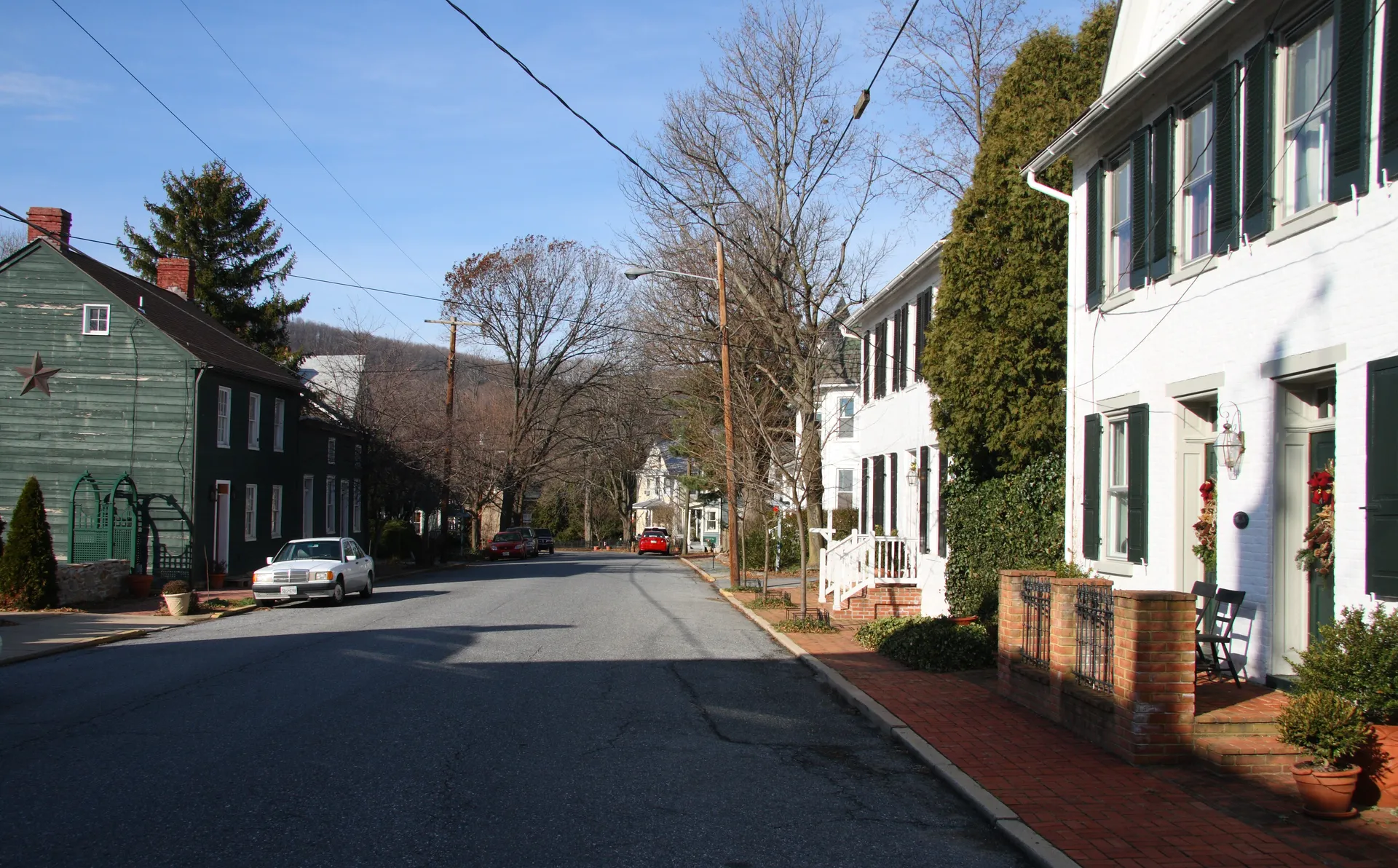 Historic tree-lined street in Burkittsville, Maryland.