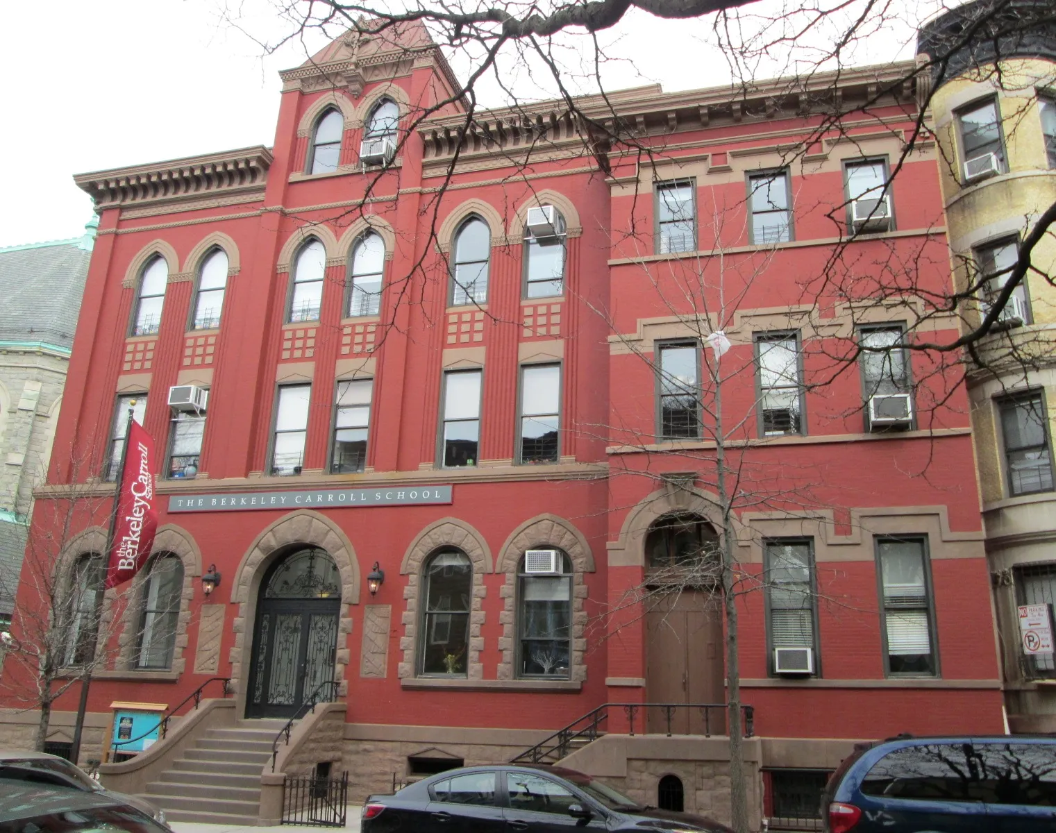Historic red brick Berkeley Carroll School on Carroll Street in Park Slope, Brooklyn.