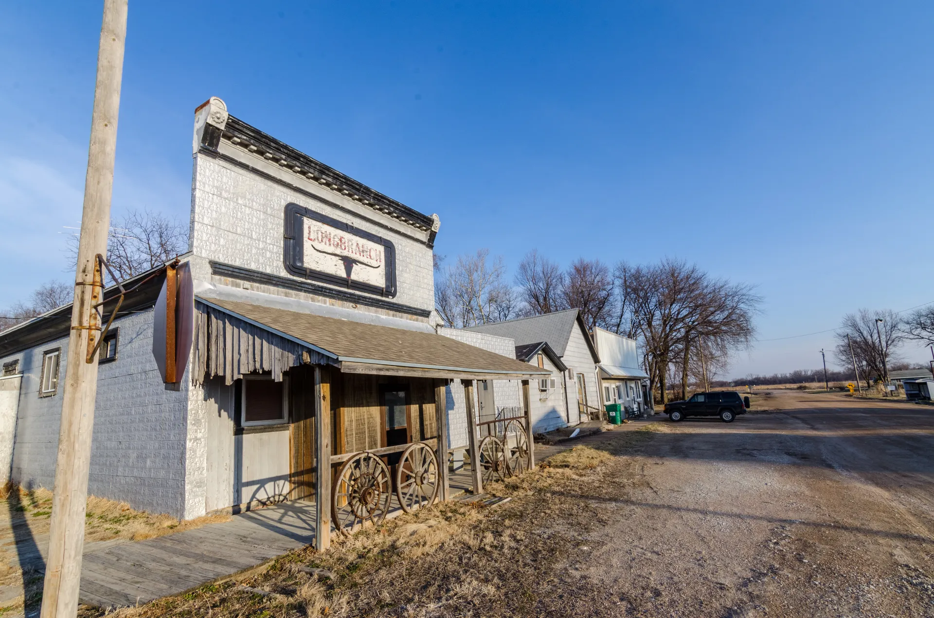 Historic storefront on Main Street in Leshara, Nebraska.