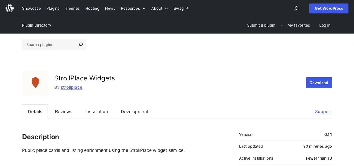 StrollPlace Widgets on WordPress.org, showing the plugin name, Download button and place-card description.