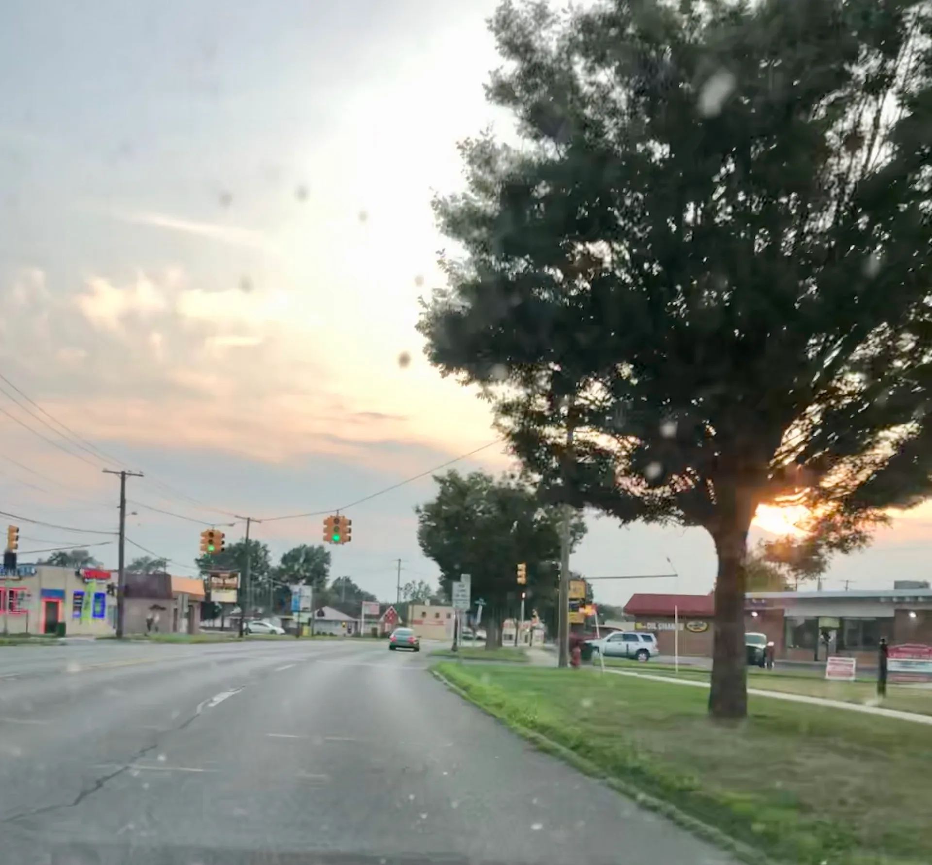 Oakwood Boulevard shops at sunset in Melvindale, Michigan.