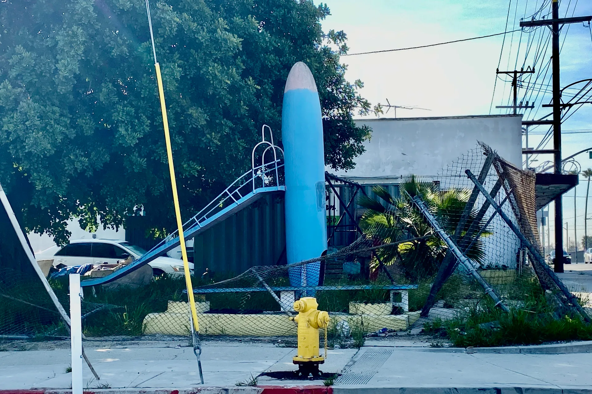 Retro rocketship slide at a park in Westmont, Los Angeles, California.