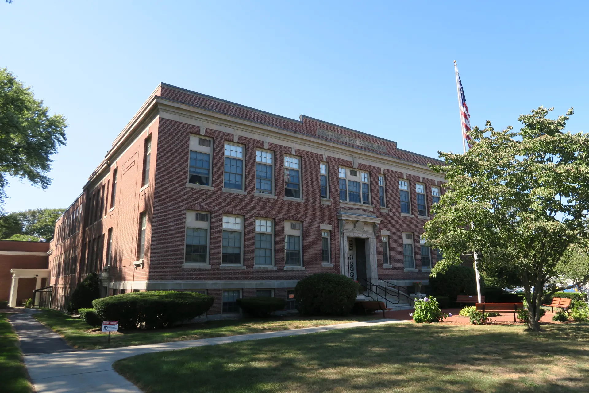Historic brick Cochituate School building in Cochituate, Massachusetts.