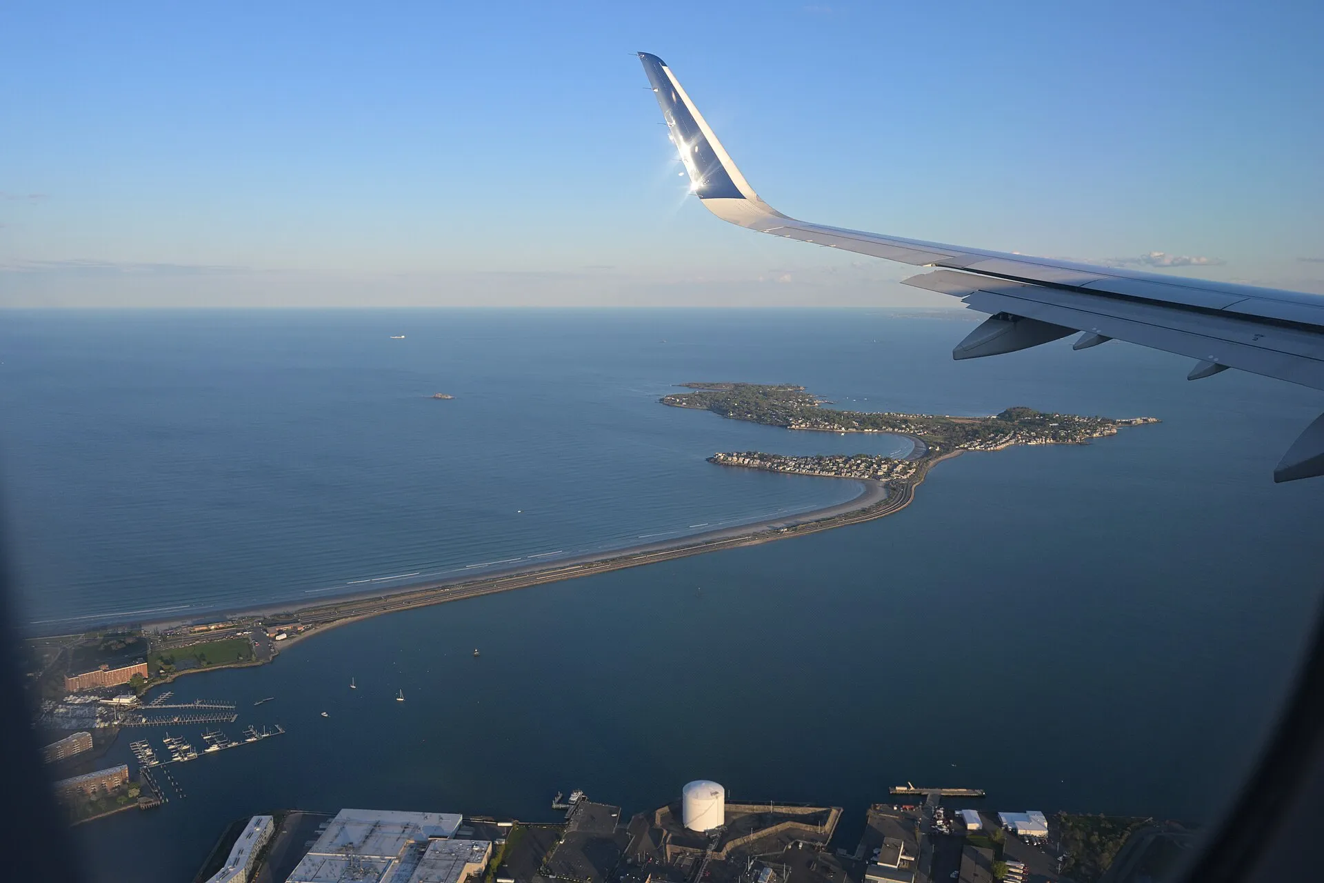 Aerial view of Nahant peninsula and the ocean from a plane over Nahant, Massachusetts.