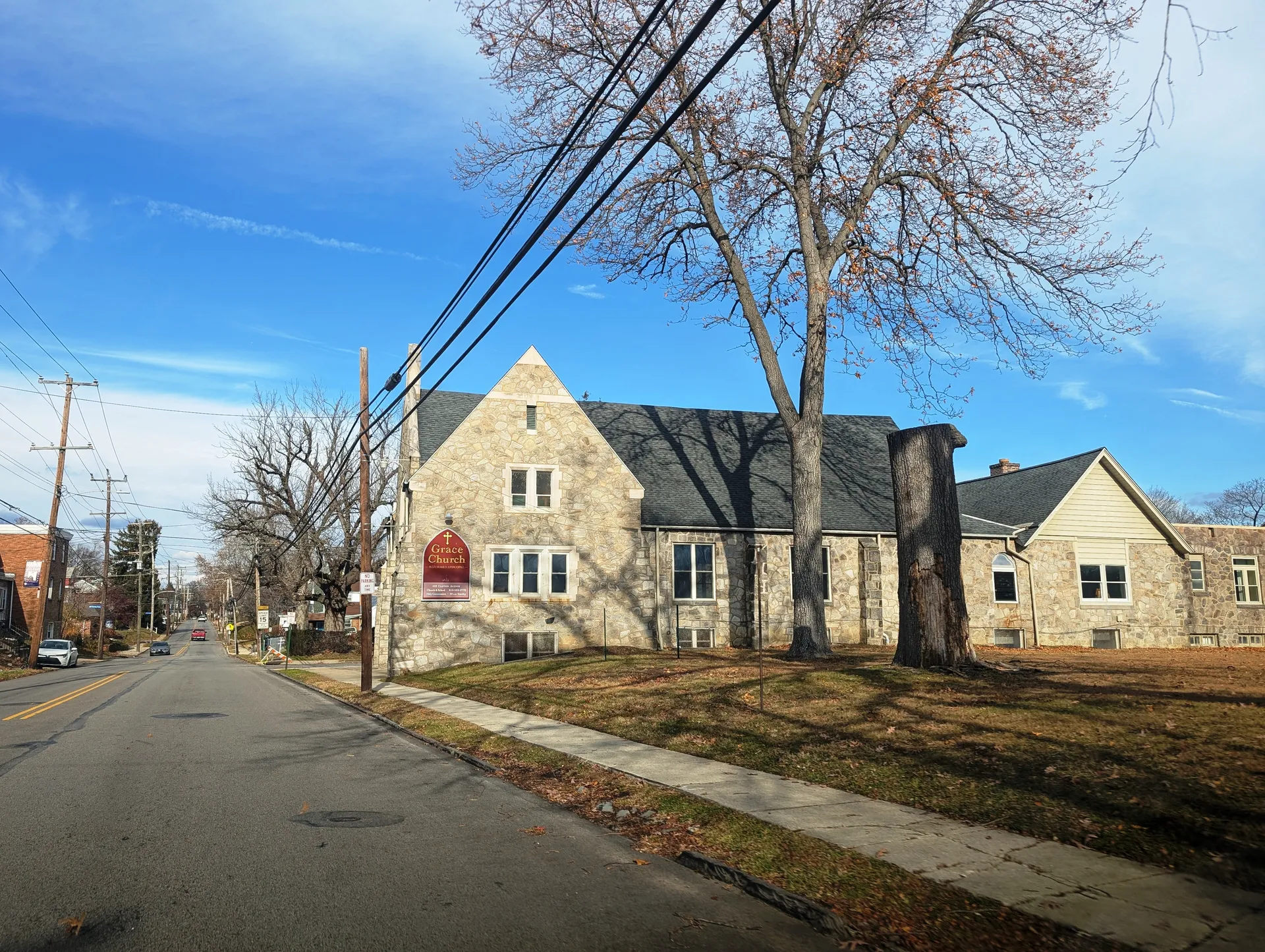 Grace Church (Reformed Episcopal) in Collingdale is a fieldstone church with a slate roof and red doors on Clifton Avenue.