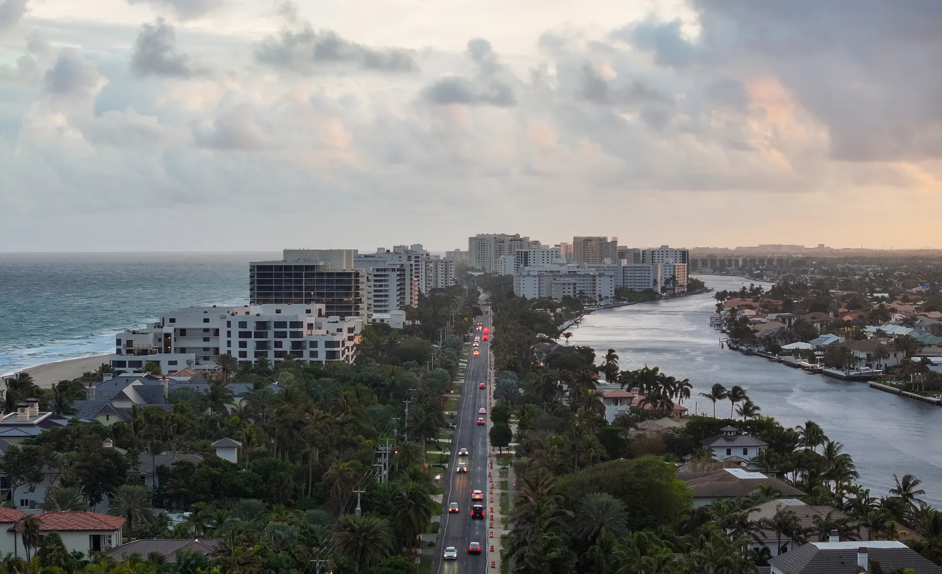 Aerial view of Highland Beach, Florida, between the ocean and inland waterway.