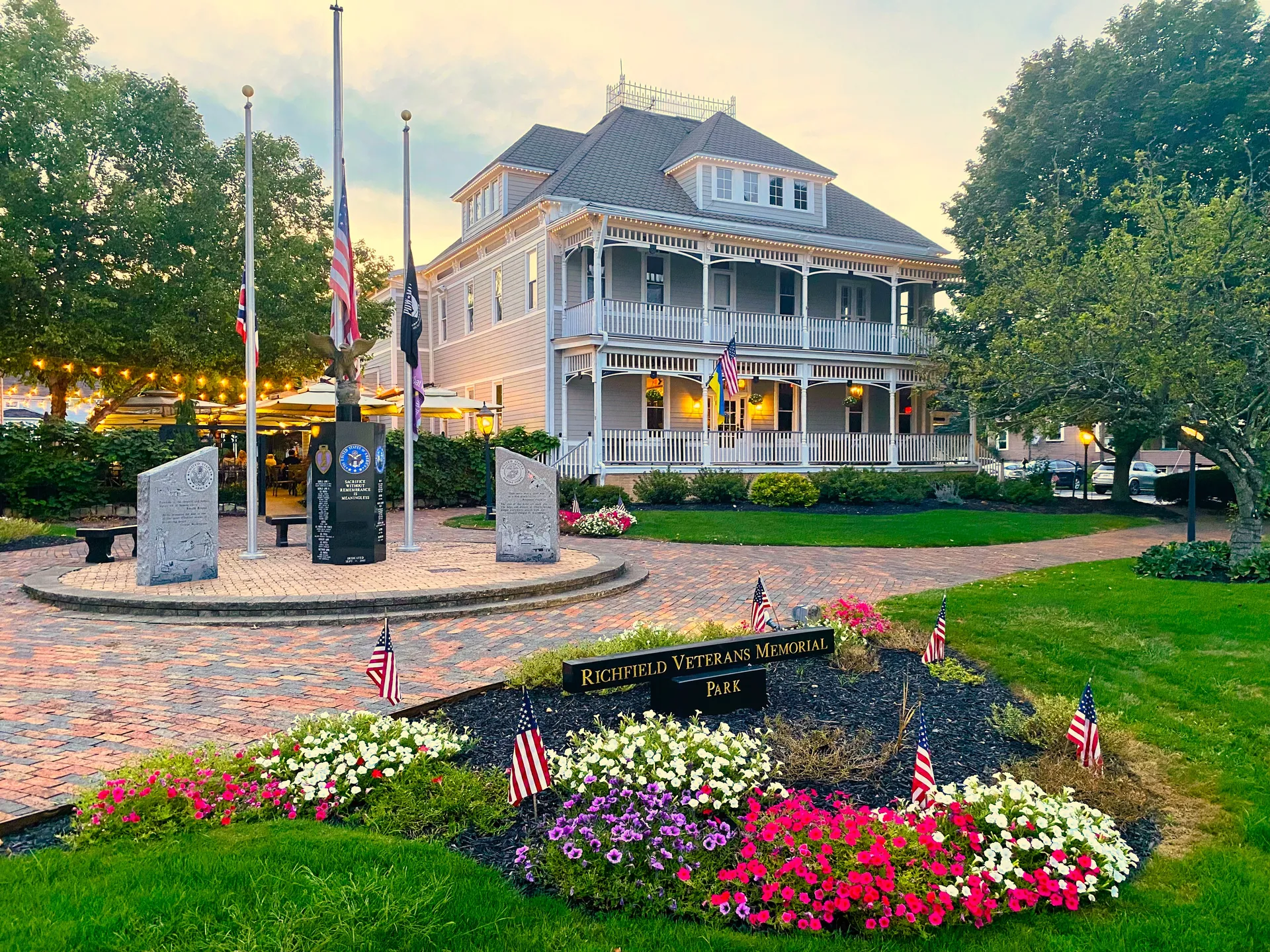 Historic town square with fountain in Richfield, Ohio.