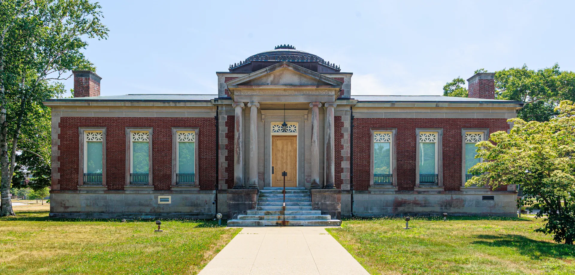 Historic Drew Archival Library brick building in Duxbury, Massachusetts.