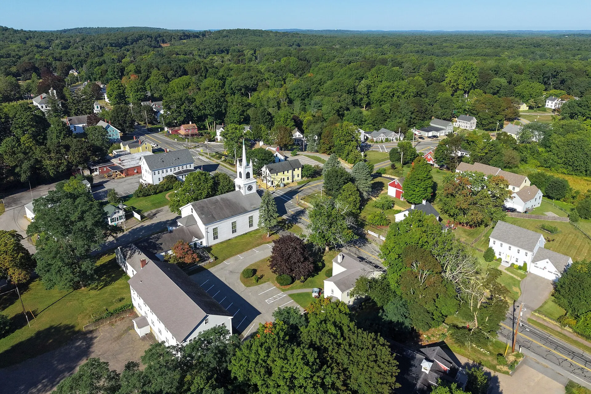 Aerial view of homes and woods in Rowley, Massachusetts.