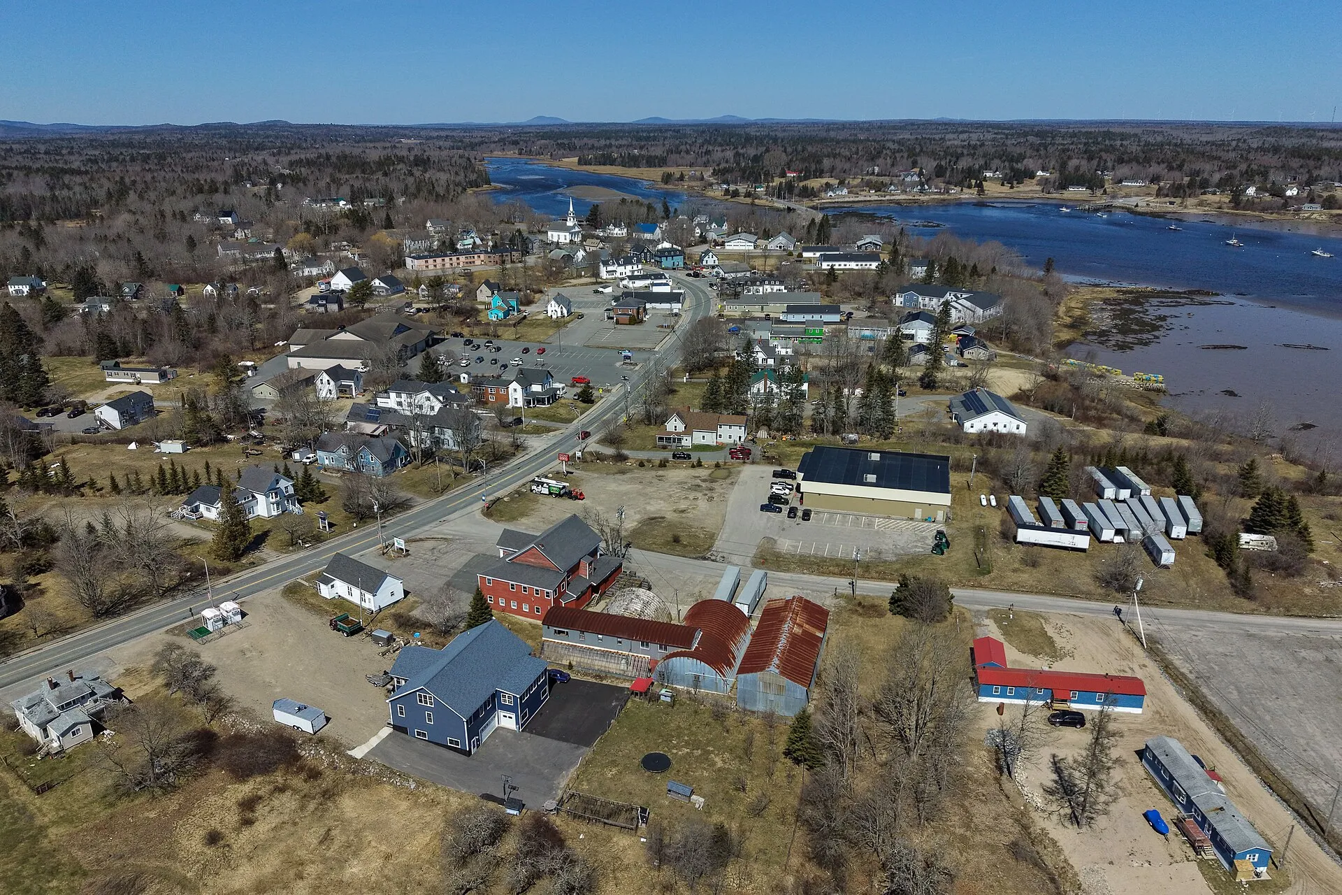 Aerial view of Milbridge harbor and village, Maine.