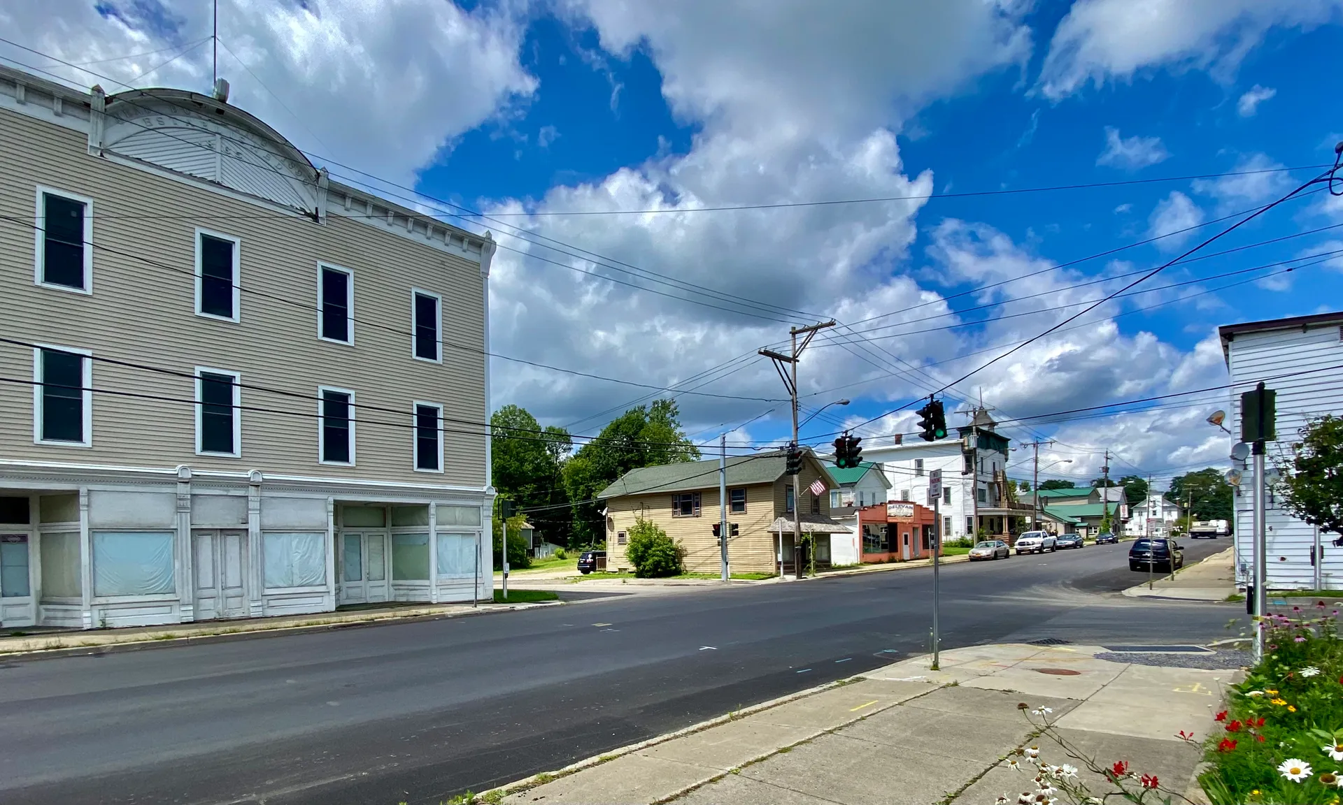 Historic buildings along Main Street in Delevan, New York.