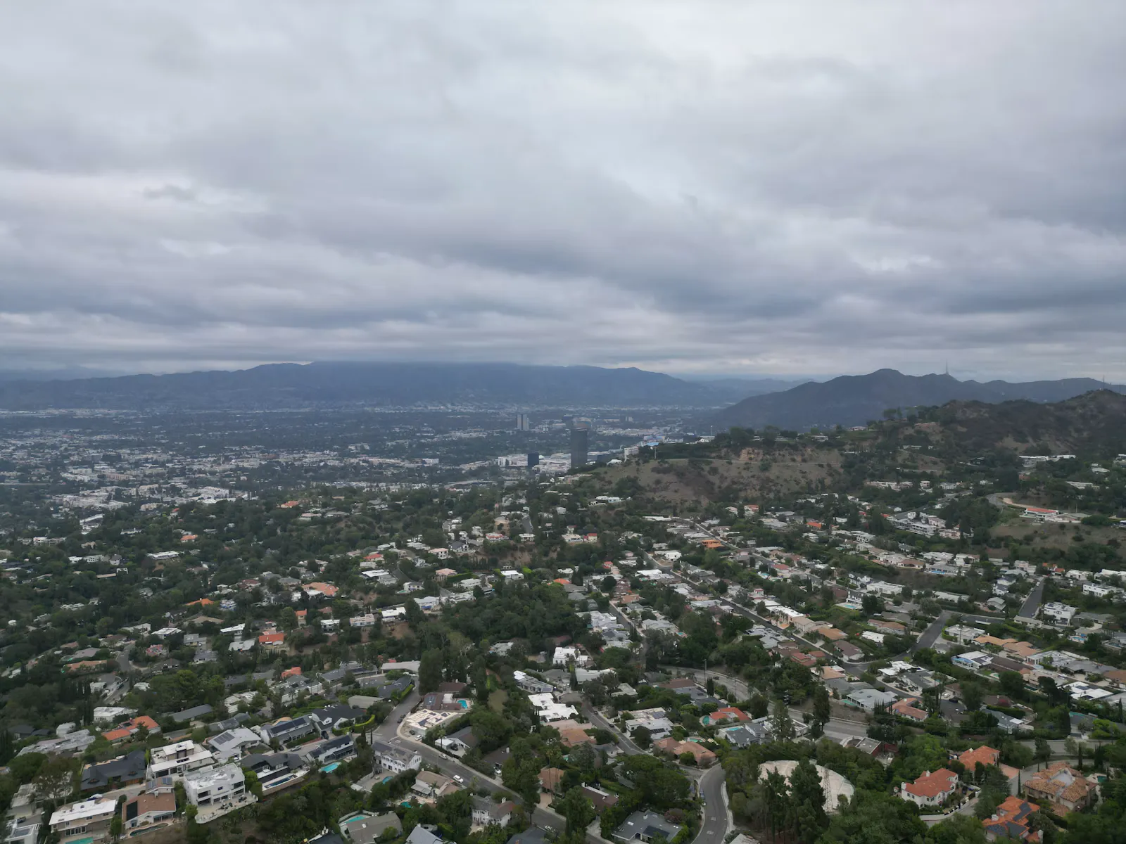 Aerial view across residential blocks toward the hills in Studio City.