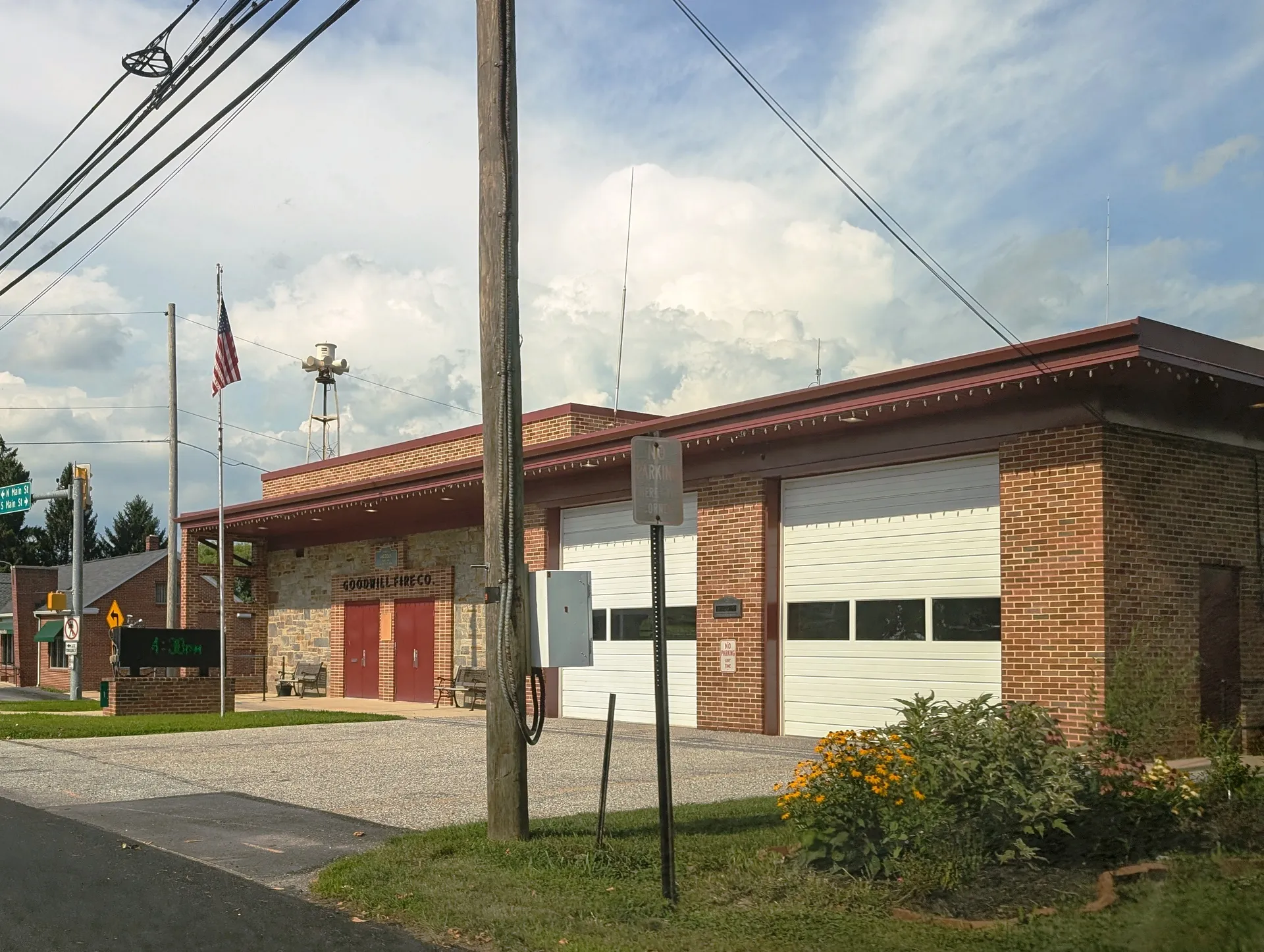 Jacobus' Goodwill Fire Company is a brick-and-white-sided firehouse with tall bay doors on South Main Street.