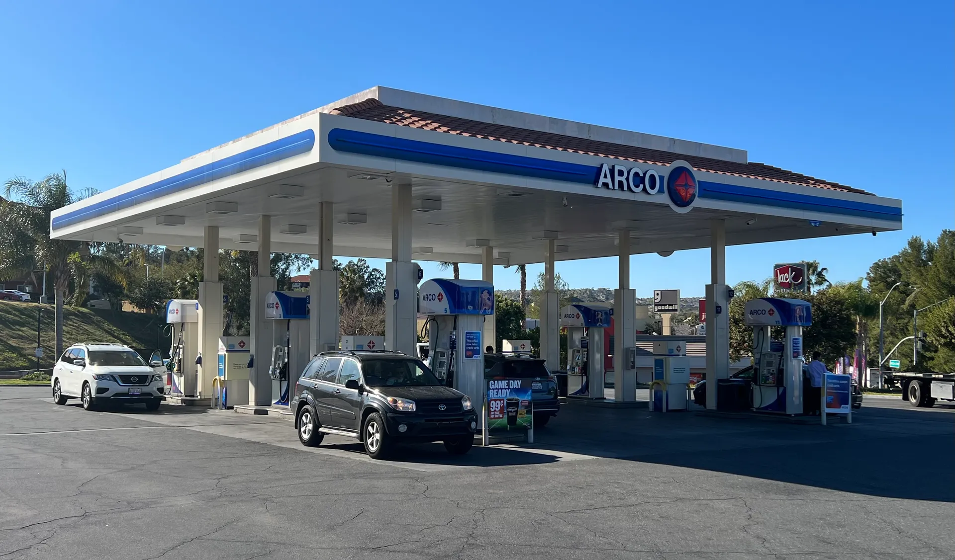 ARCO gas station under clear skies in Stevenson Ranch, California.