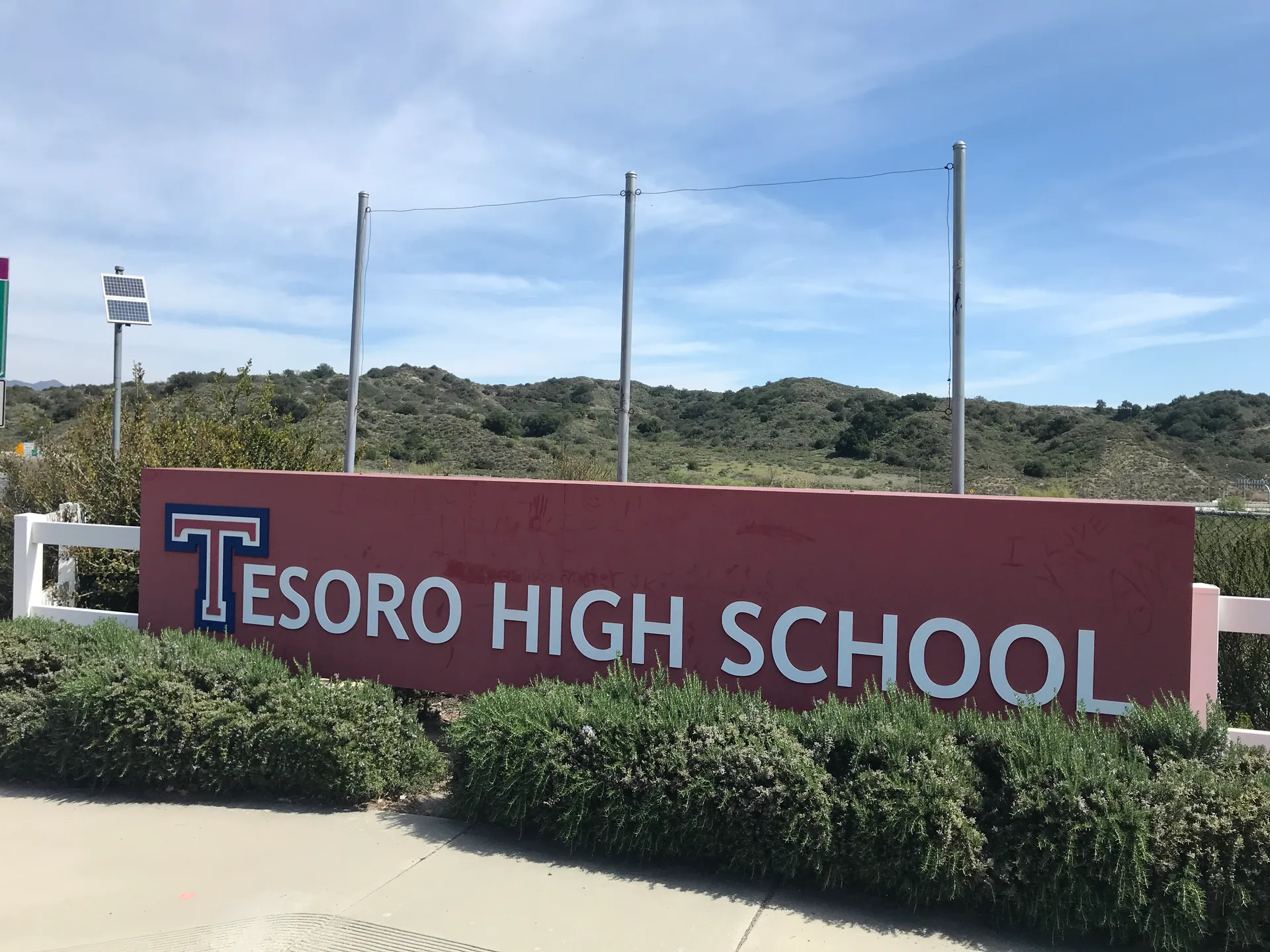 Tesoro High School entrance sign and campus in Las Flores, California.