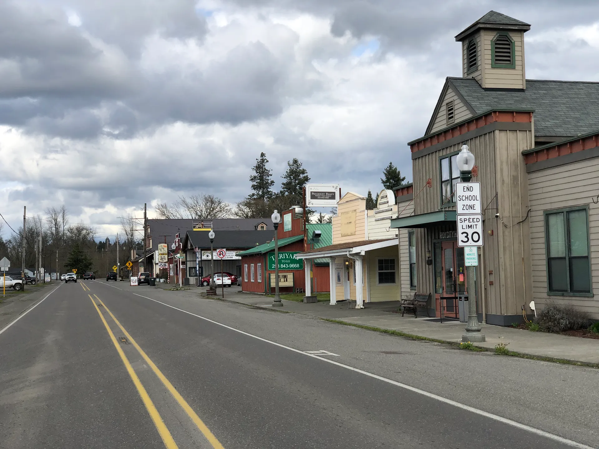 McNaught Road with historic storefronts in Roy, Washington.