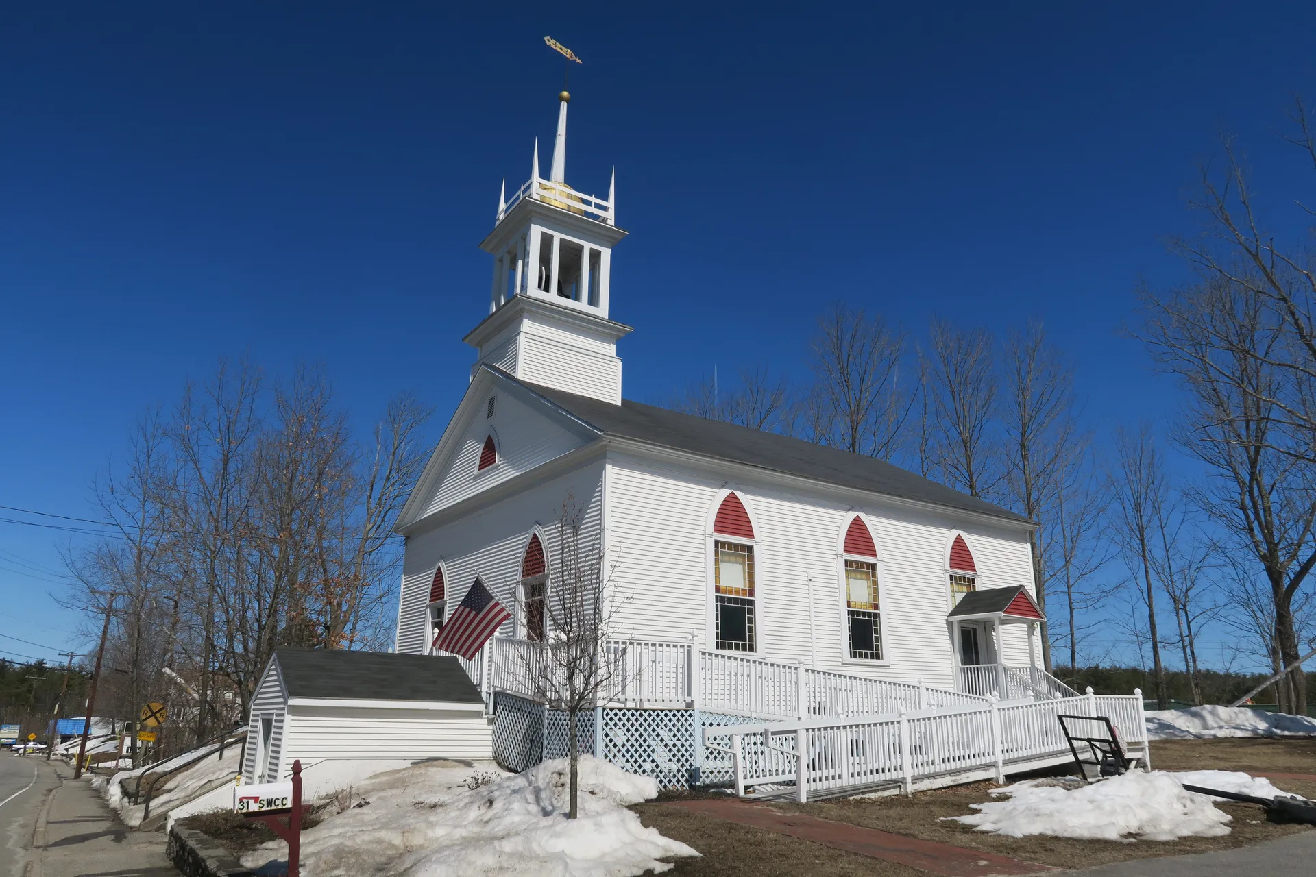 White church in South Windham, Maine.