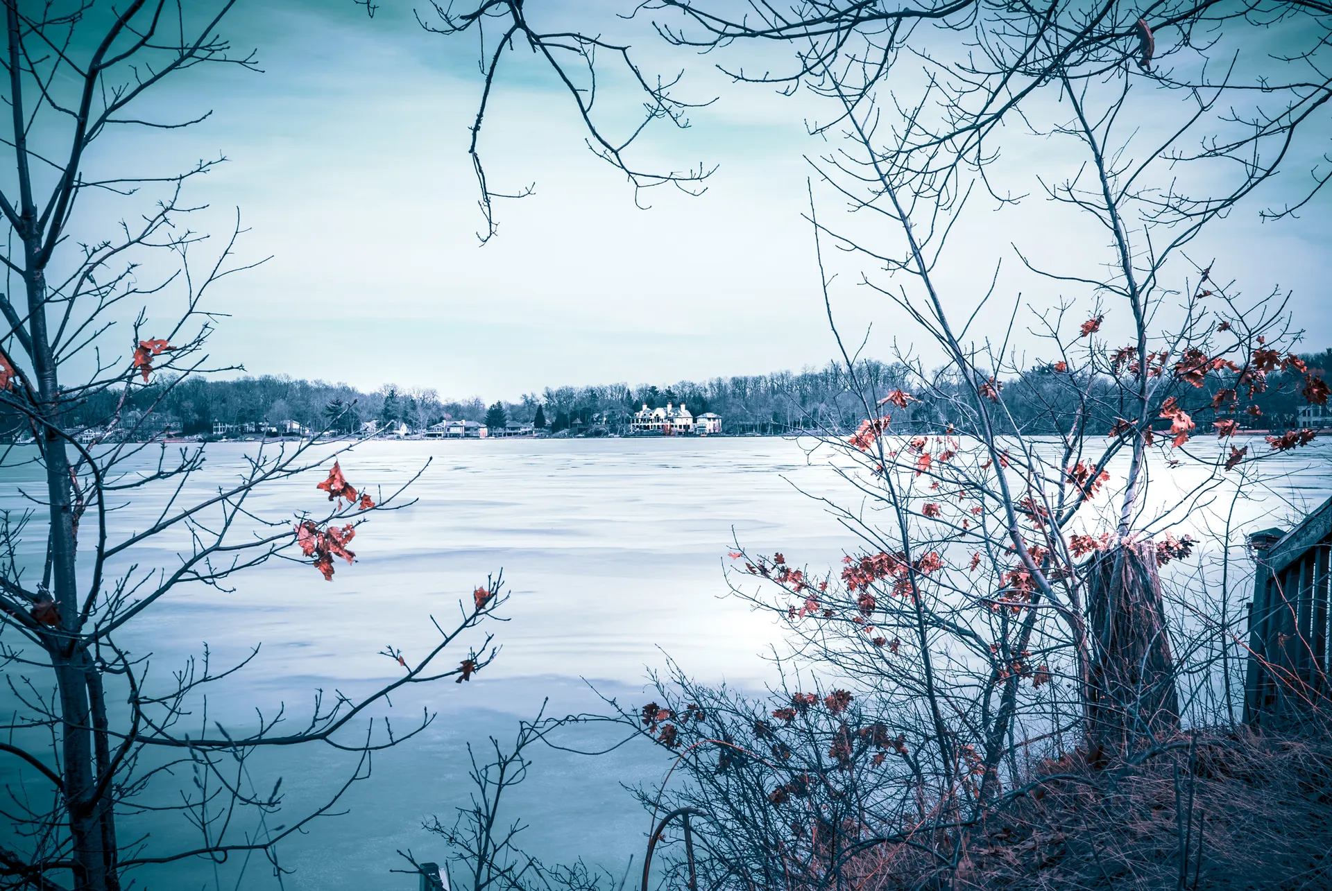 Orchard Lake at the onset of winter in Orchard Lake Village, Michigan.