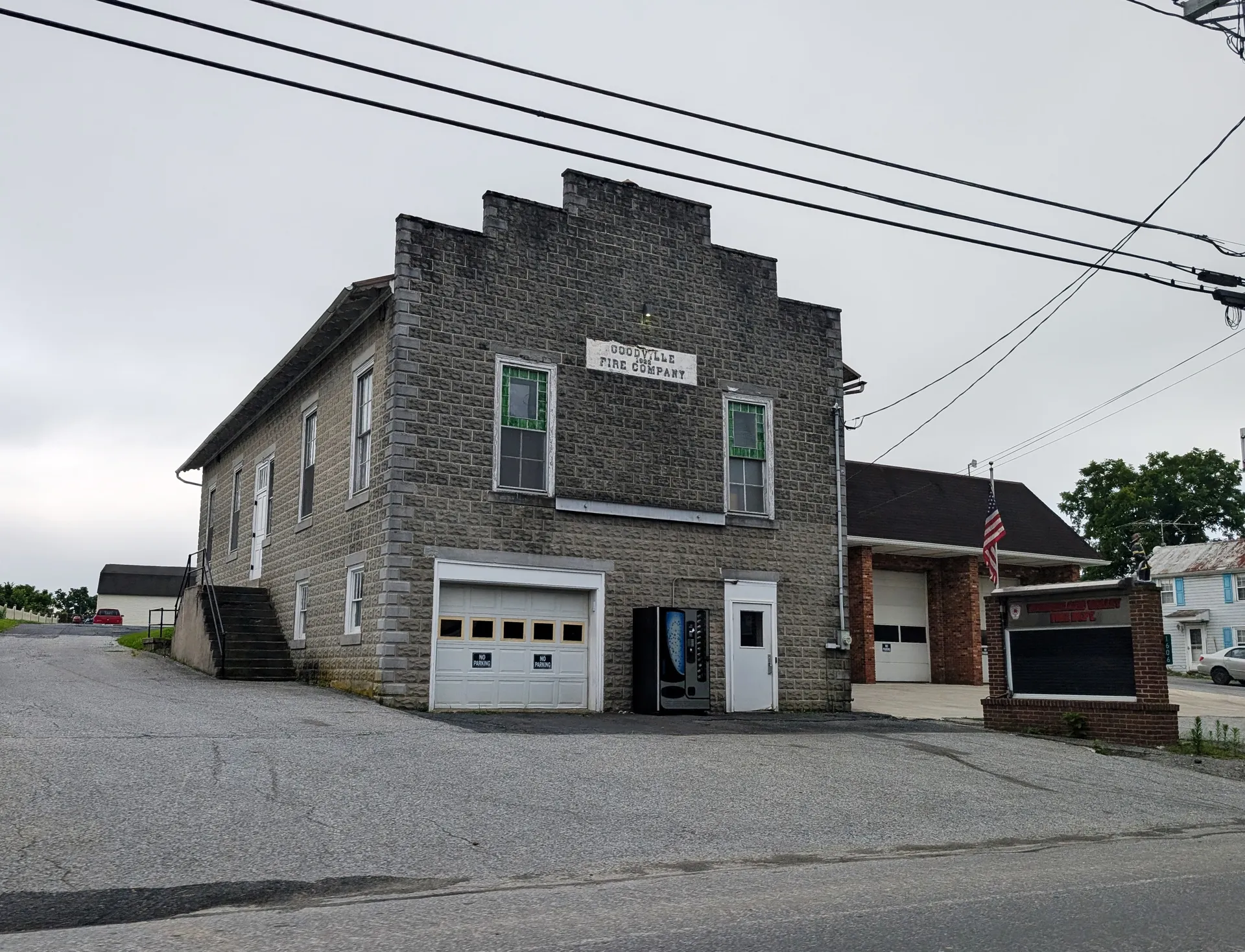 The Goodville Fire Company buildings feature a stone-faced main hall and garage on Main Street in East Earl Township.