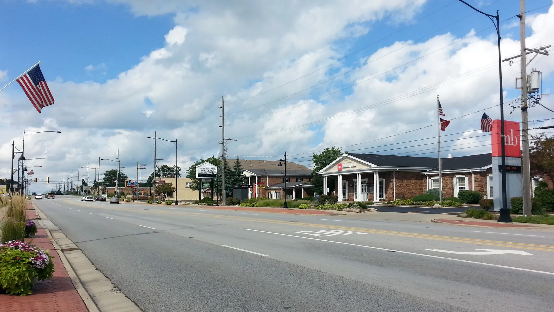 Central business district street in Oak Forest, Illinois.