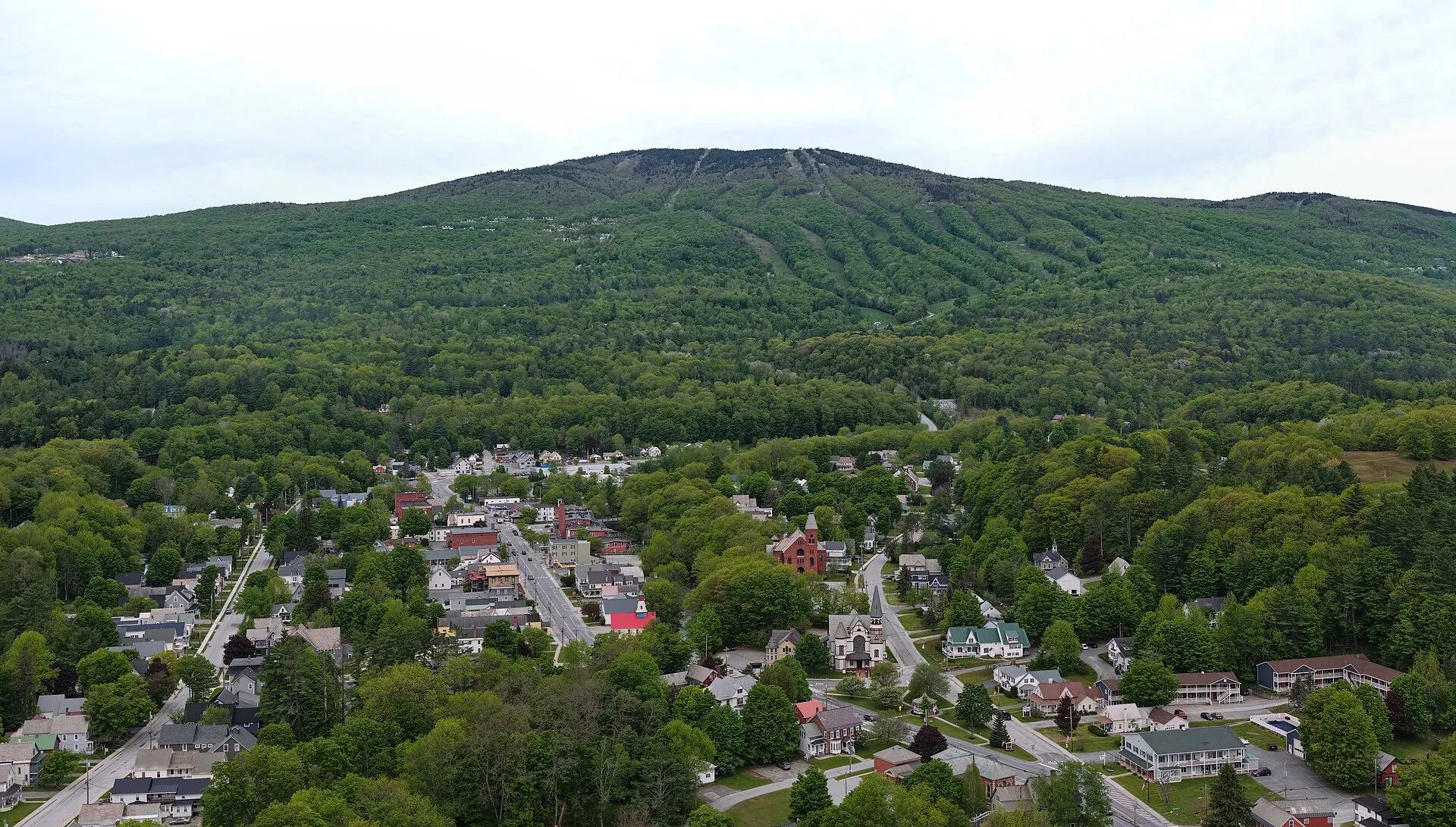 Aerial view of Ludlow and Okemo Mountain, Vermont.