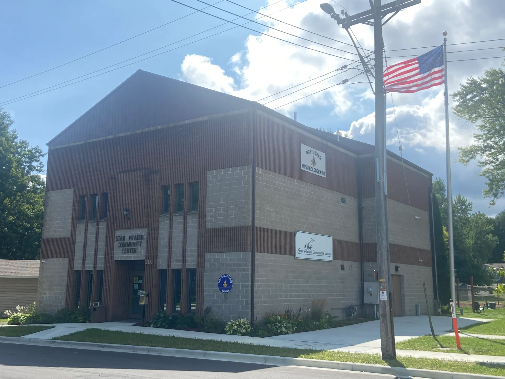Star Prairie Community Center with flag in Star Prairie, Wisconsin.