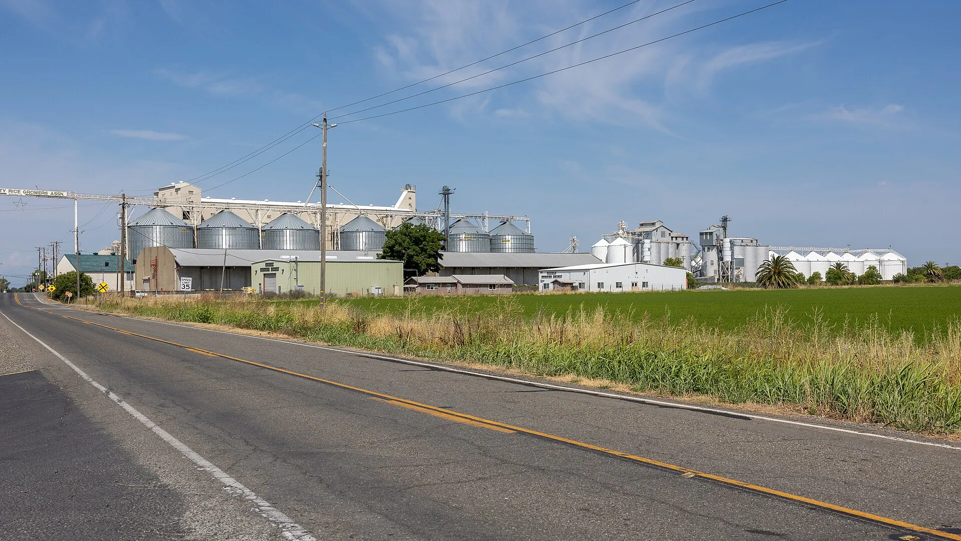 Butte County Rice Growers Association facilities beside the road in Richvale, California.