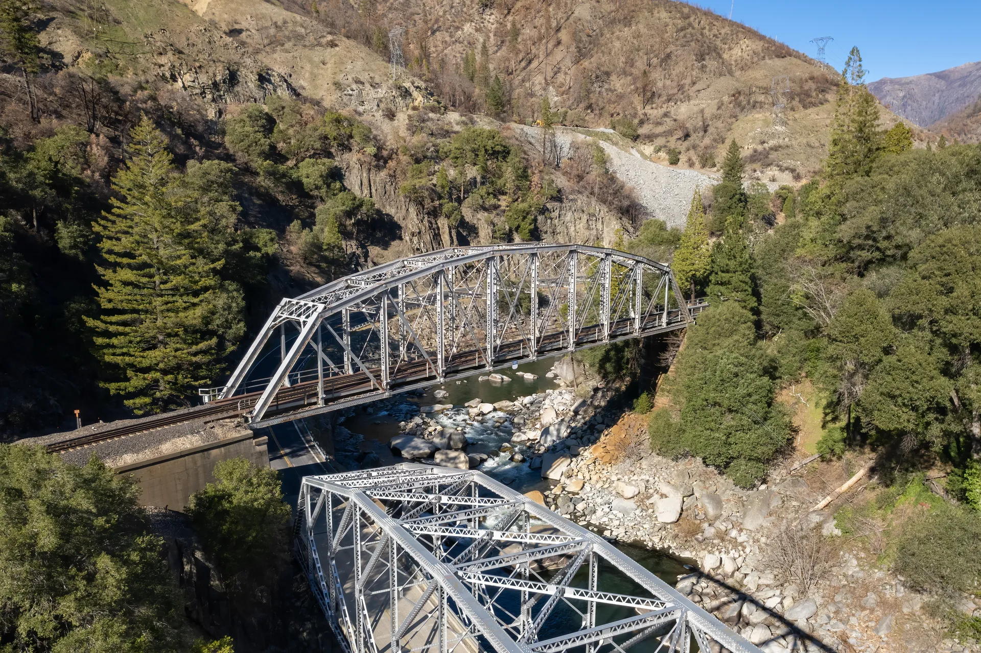 Tobin Bridges spanning the Feather River canyon in Tobin, Plumas County, California.