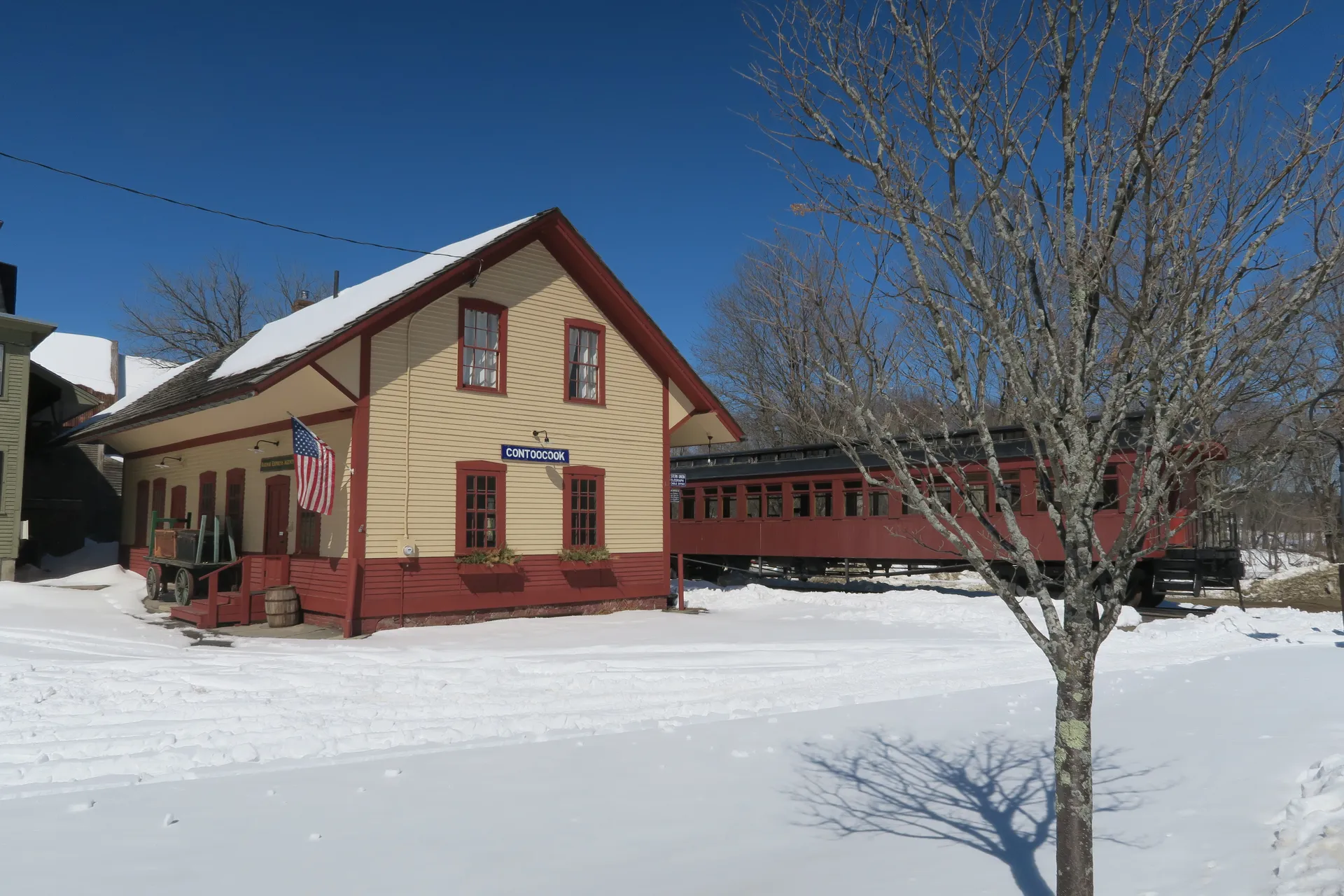 Historic Contoocook Railroad Depot in the snow in Contoocook, New Hampshire.