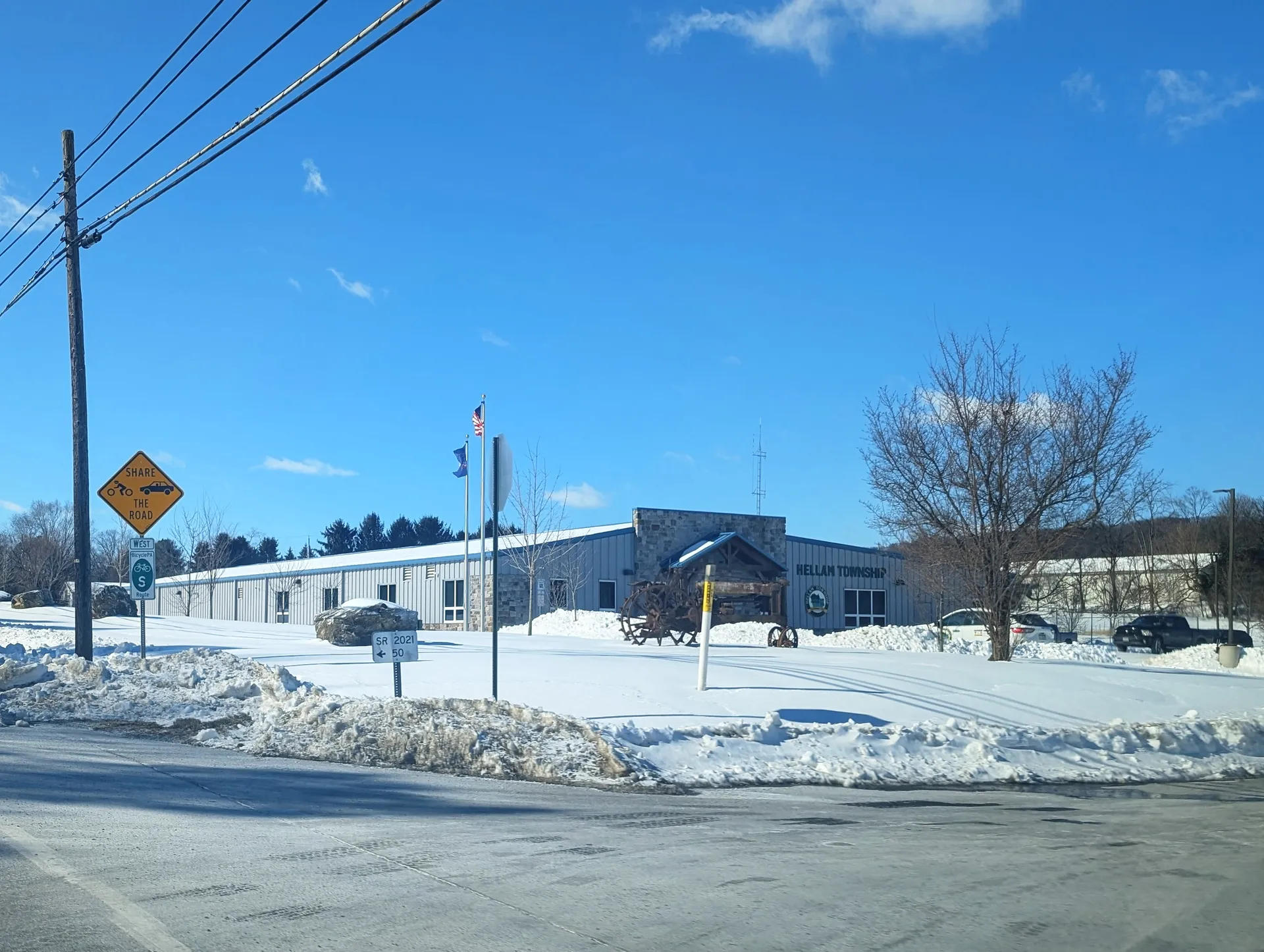 Snow lines the lot outside the Hellam Township municipal building along the Lincoln Highway at Walnut Springs Road.