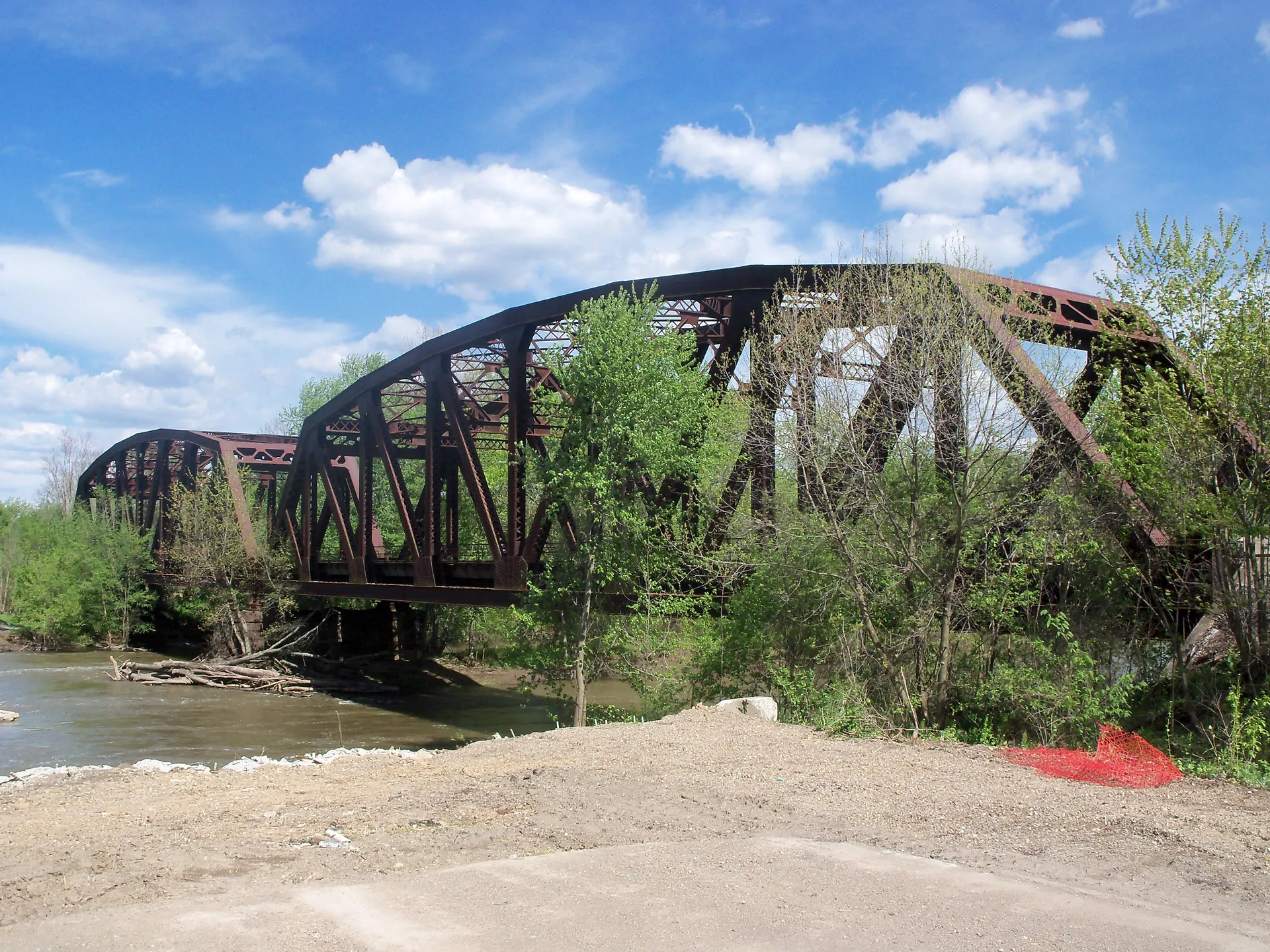 Historic railroad bridge over the Tuscarawas River in Gnadenhutten, Ohio.