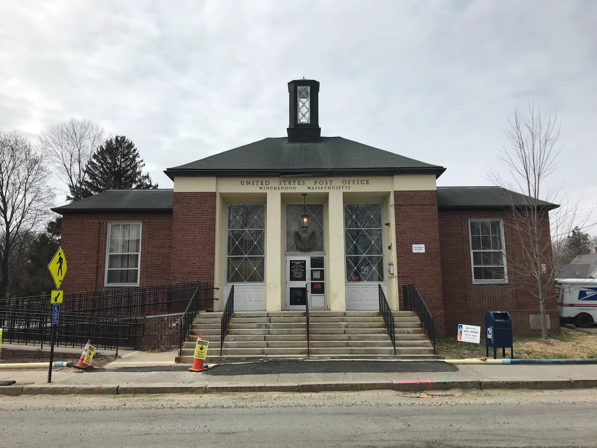 Brick post office with white columns in Winchendon, Massachusetts.