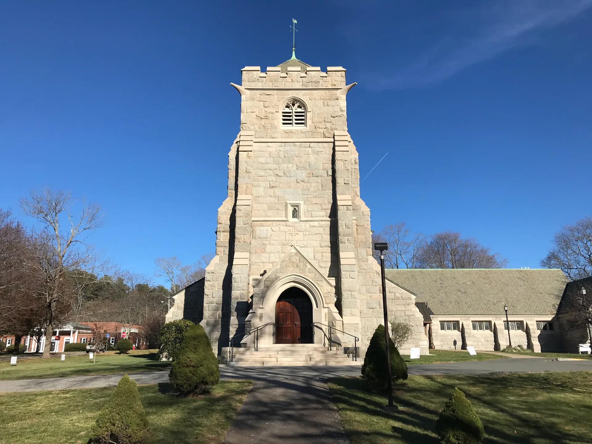 Stone tower of the Hopedale Unitarian Parish church in Hopedale, Massachusetts.