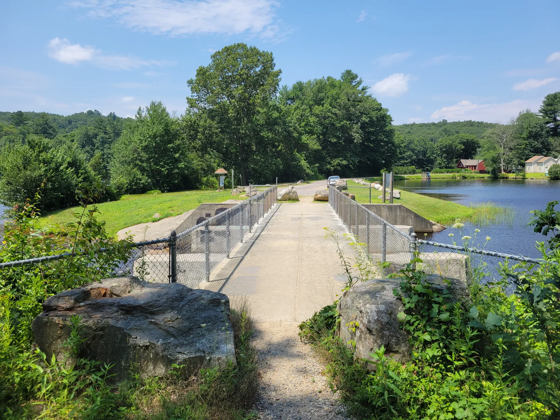 Footbridge over Lake Bungee Dam spillway in Lake Bungee, Connecticut.